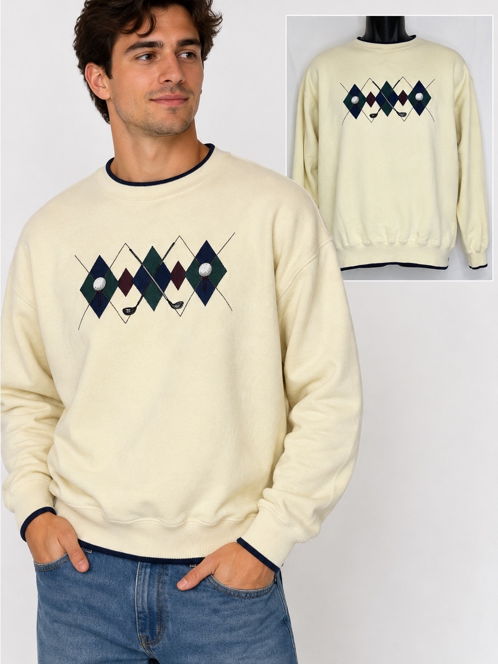 C&B Sport Croft & Barrow Men’s L Golf Argyle Embroidered Sweatshirt Cream Cotton